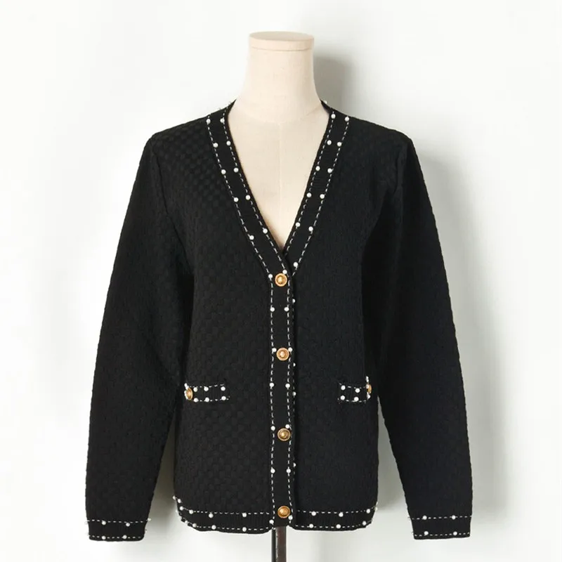 

Luxury Brand Designer Knitted Sweater for Women Vintage V Neck Beading Striped Knitted Cardigan Black White