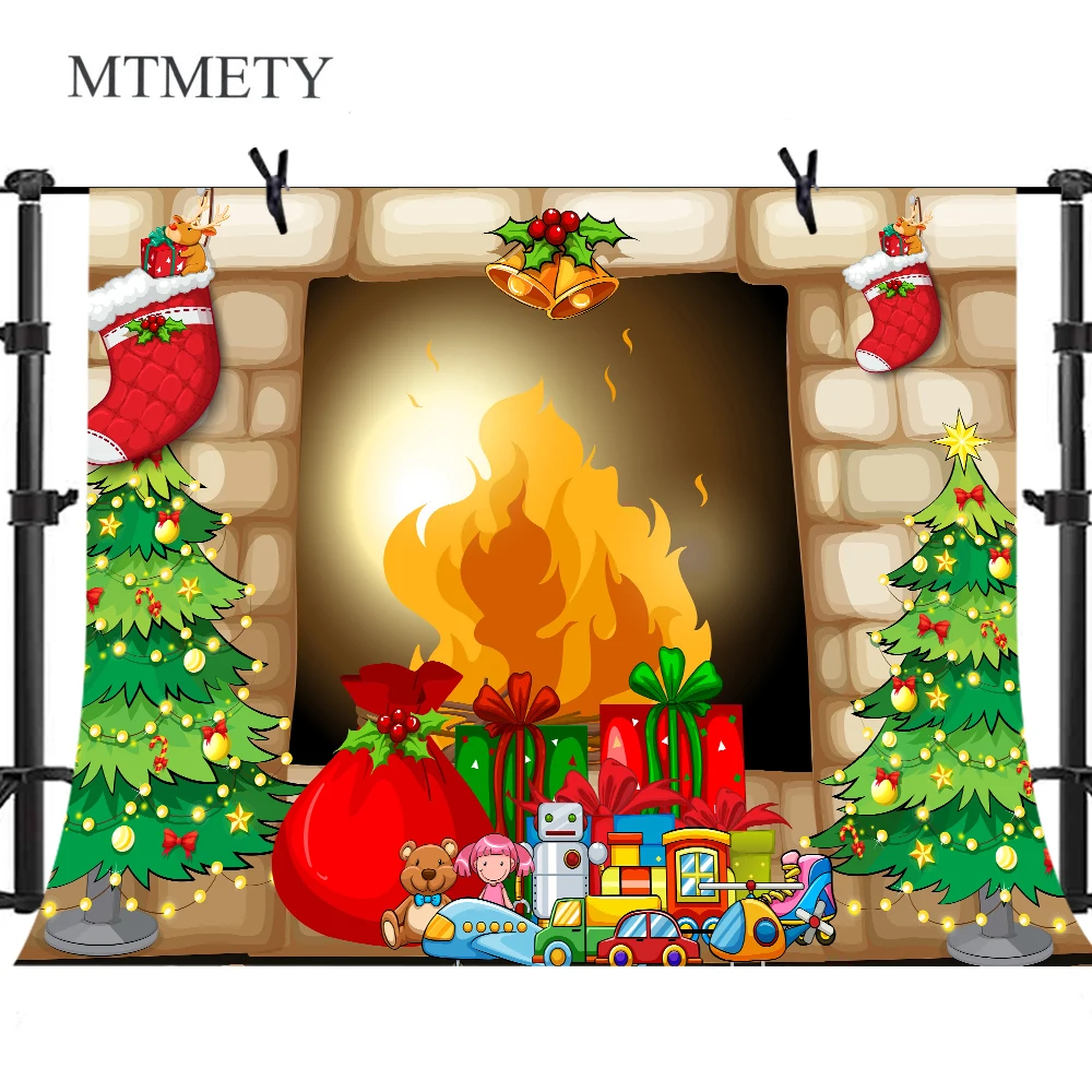 

MTMETY Christmas Photography Backdrop Christmas Tree Gift Fire for Children Party Decoration Portrait Background Photo Studio