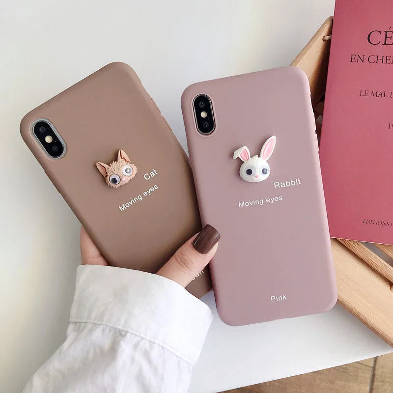 3D мультяшный чехол с движущимися глазами для iPhone 6 6s 7 8 Plus X кошка кролик золотая