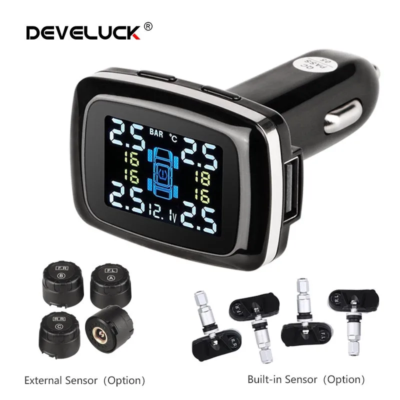

Develuck Car TPMS Tire Pressure Monitoring System LCD Car Tire Pressure Alarm System 4 Sensors Cigarette Lighter USB Output