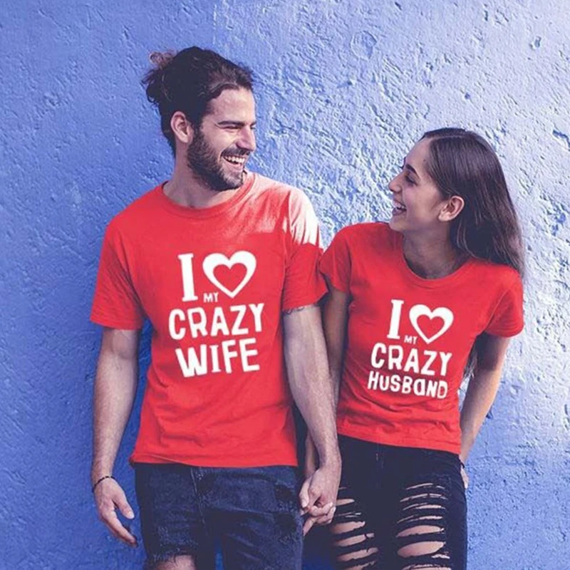 Фото Модные футболки SKMY в стиле Харадзюку с надписью «I LOVE MY CRAZY» для мужа и жены пары с коротким рукавом для мужчин и женщин Летняя одежда топы №2