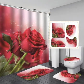 

Shower Curtain 4 Piece set Carpet Cover Toilet Cover Bath Mat Pad Set Bathroom Curtain Shower curtain set Rose shower Curtain