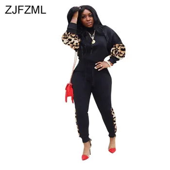 

Leopard Spliced Sexy 2 Piece Set Womens Outfits Round Neck Full Sleeve Crop Sweatshirts and Bodycon Long Pants Plus Size Set