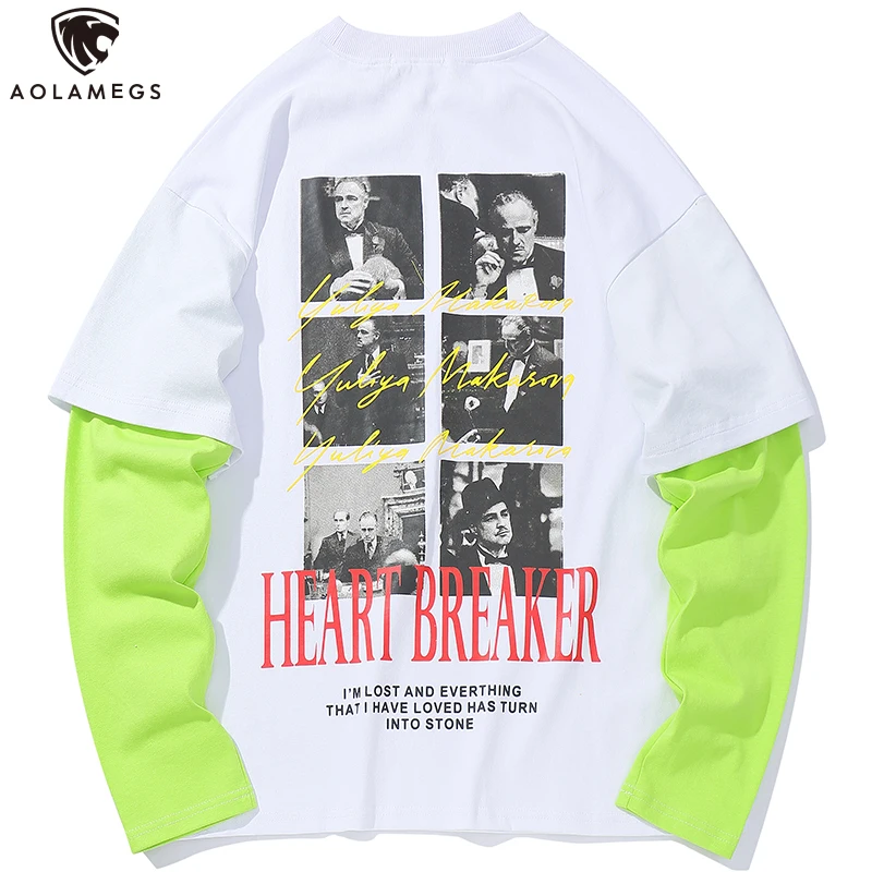 

Aolamegs Sweatshirt Men Fake 2 Pieces Men Pullover Comfortable O-Neck Patchwork Sleeve Tops All-Match High Street Streetwear