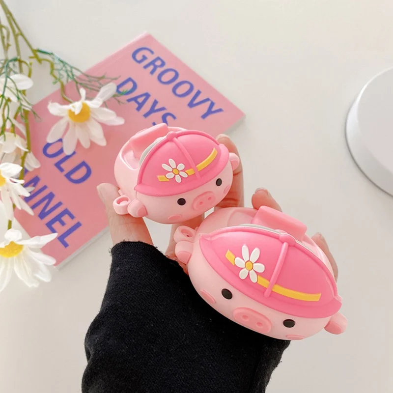 

3D Cartoon Pink Pig Silicone Protector with Carabiner Soft Anti-fall Case Cover for Airpods 1 2 for AirPods pro Charging Case