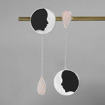 

Original good night pure silver beautiful natural stone inlay Black Agate fritillary moon face female Earrings oorbel ohrringe