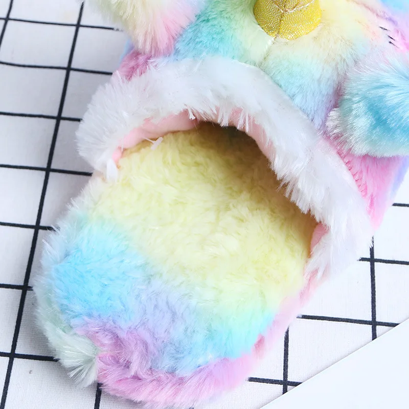 FAYUEKEY Cartoon Rainbow Unicorn Slippers Women Girls Winter Plush Warm Home Slippers Indoor Shoes Cotton Women Unicorn Shoes