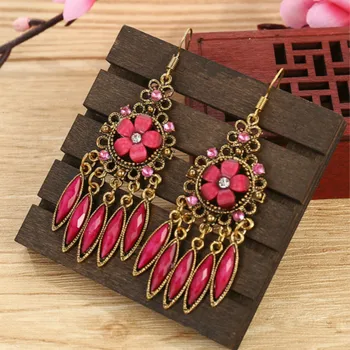 

Bohemia Vintage Earrings 2020 Women Ethnic Style Antique Bronze Alloy Hollow Out Resin Flower Dangle Earrings