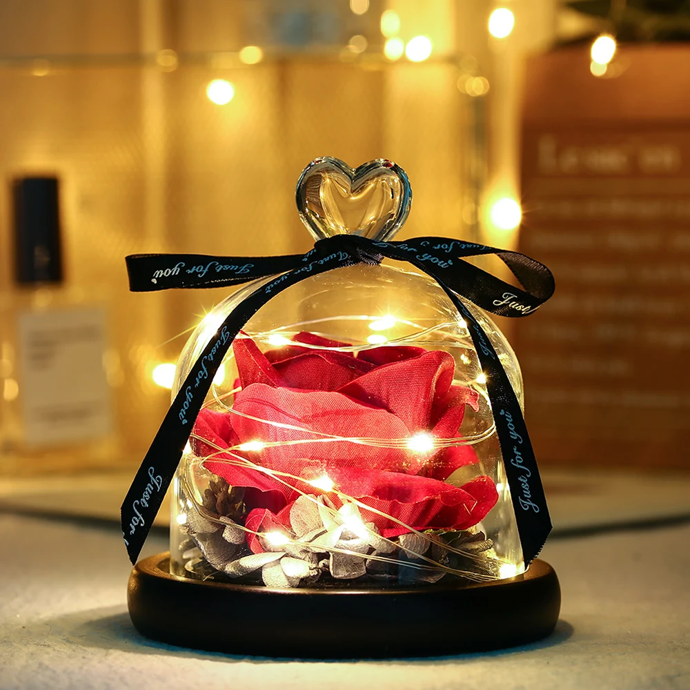 

Exclusive Rose in Glass Dome with Lights Valentine's Day Gifts LED Artificial Rose Lamps Beauty And The Beast Fairy Lights D30