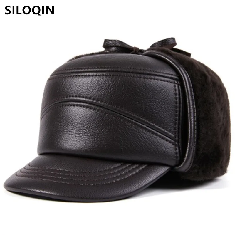 

SILOQIN New Winter Men's Fur Hat Genuine Leather Cap Sheepskin Fur Warm Bomber Hats Cold Proof Ski Cap Plus Velvet Earmuffs Caps