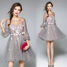 Горячая Круглый вырез органза мини-платья на выпускной вечер Иллюзия молния сзади три четверти рукава линия Vestidos De Egresadas