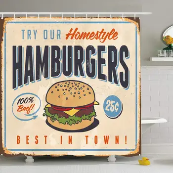 

Shower Curtain Set with Hooks 72x78 Vintage Metal Sign Try Store Hamburgers Fifties Our Be Effects Homestyle Best Food Drink