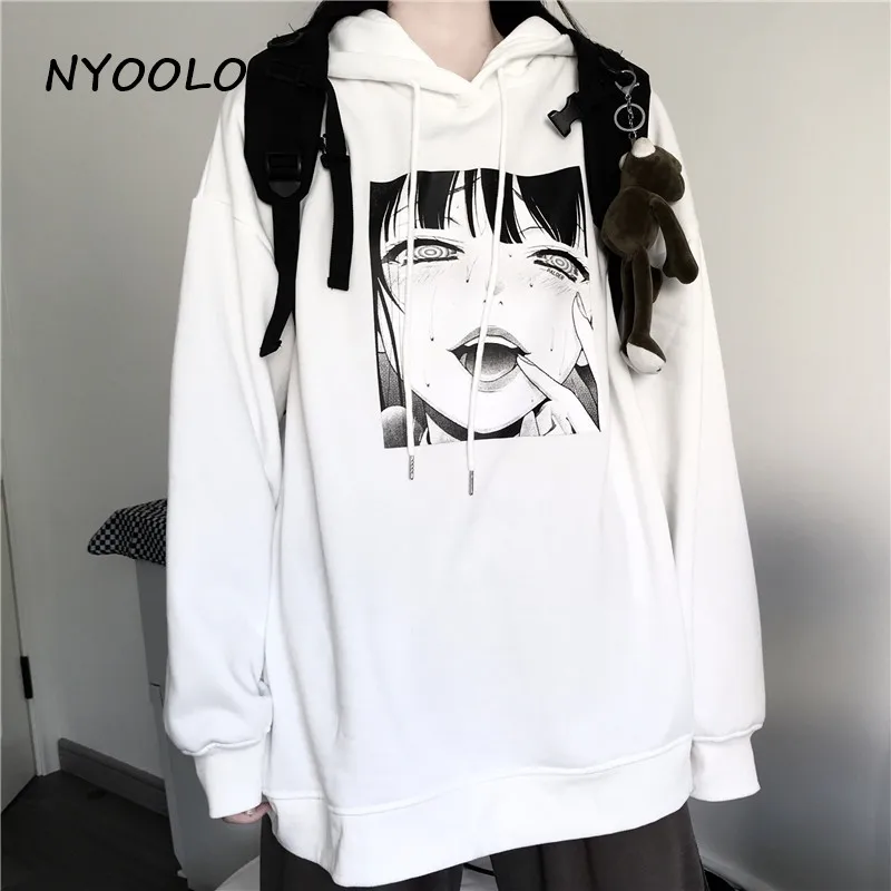 NYOOLO Harajuku style girl print Loose warm fleece hoodies Autumn winter street long sleeve hooded pullovers Sweatshirt women