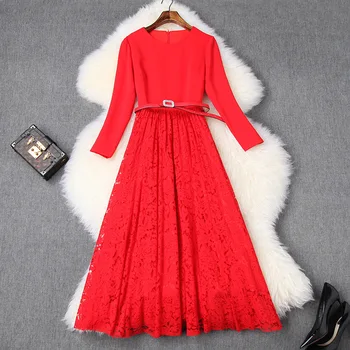 

Women fashion 2020 spring elegant dress round neck diamonds beading belt brand quality black red patchwork lace dresses
