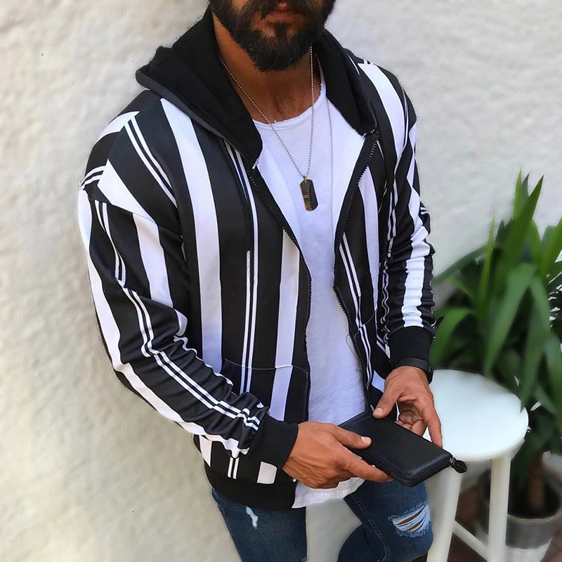 

Striped men jacket 2019 new black White spring autumn Men's Jacket Fashion sport Hooed Jackets Korean Style Windbreaker Clothing