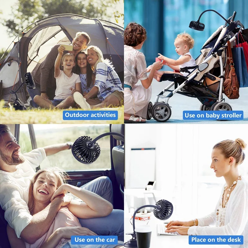 Портативный мини-вентилятор для коляски с зажимом, 3 скорости настройки, гибкий Usb Перезаряжаемый работающий от аккумулятора тихий Настольный вентилятор для дома