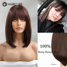 

HAIRCUBE Straight Bob Human Hair Wigs for Women Shoulder Length Natural Black Wig with Bangs Full Machine Made Remy Hair Wigs