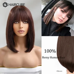 HAIRCUBE Straight Bob Human Hair Wigs for Women Shoulder Length Natural Black Wig with Bangs Full Machine Made Remy Hair Wigs