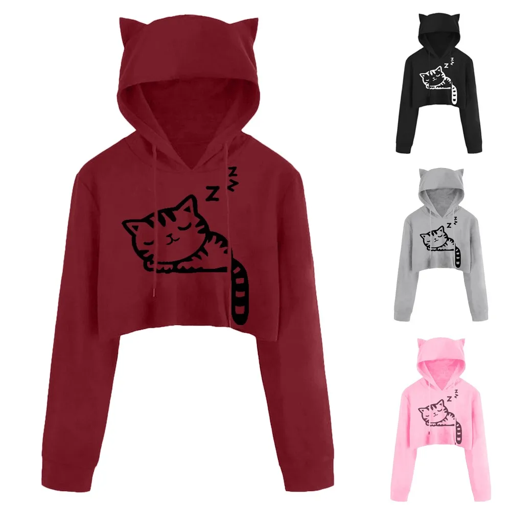 

Fashion hoodies and sweatshirts women Sexy Casual Cat Kitty Print Plus size Short Top Pullover Women Winter Fall Clothes 2019
