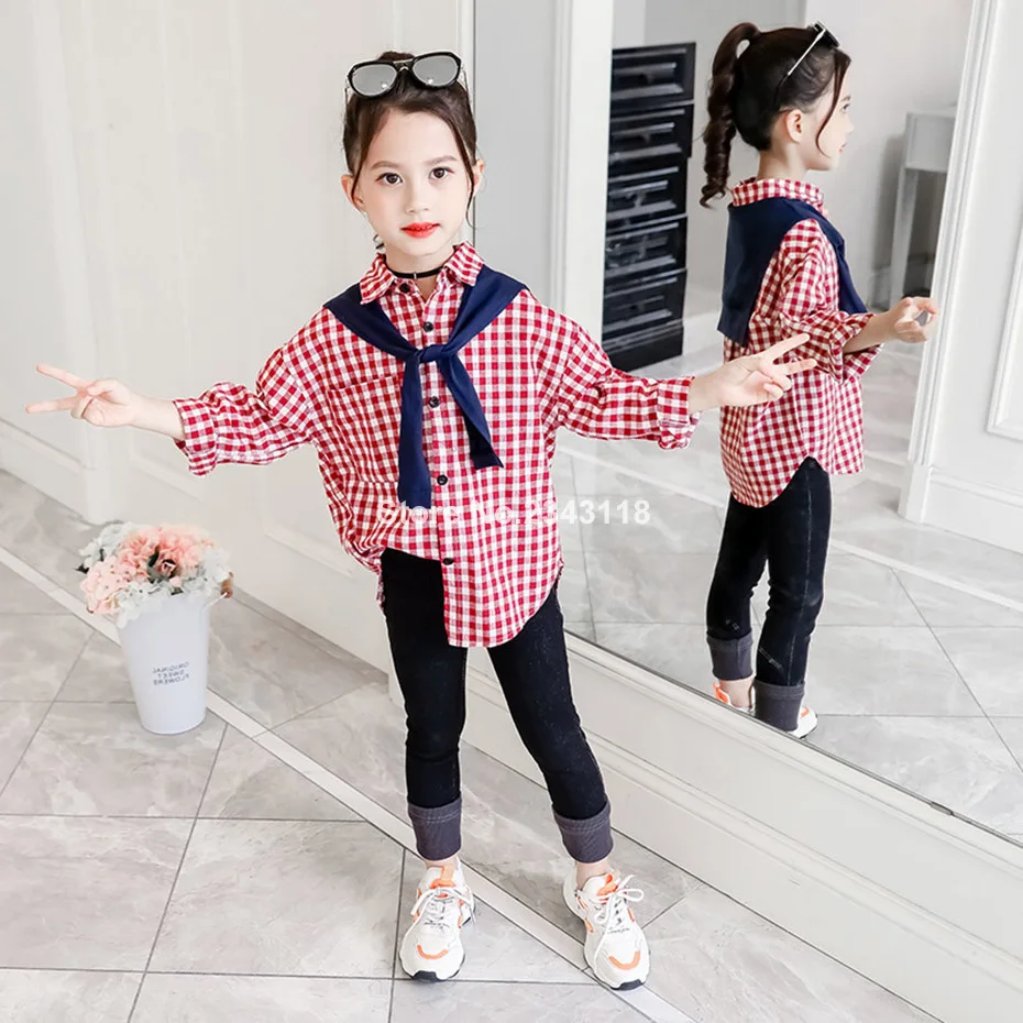 

Girls Clothes Plaid Pattern Blouse + Jeans 2pcs Girl Clothing Set Casual Style Kids Clothing For Girls 6 8 10 12 14 Year
