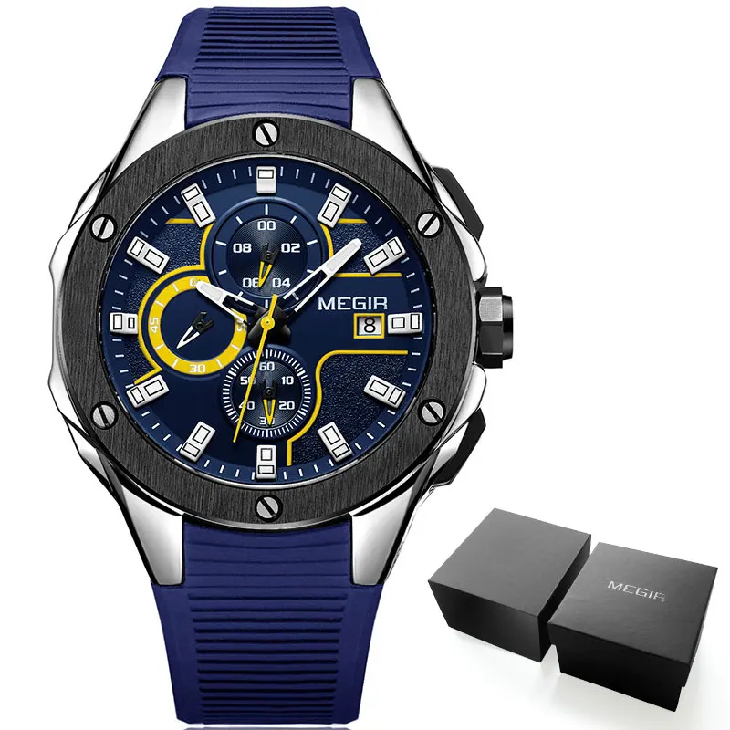 M2053-Blue MEGIR, мужские спортивные кварцевые часы с хронографом, силиконовый ремешок, светящиеся водонепроницаемые армейские военные наручные часы, мужские часы, 2053 синий цвет - Цвет: M2053-Blue