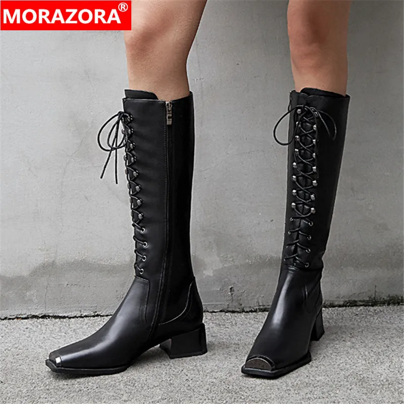 MORAZORA/2020 сезон осень-зима модные сапоги до колена из натуральной кожи на шнуровке