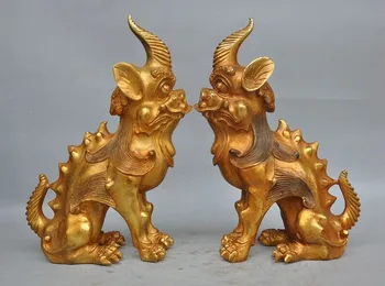 

wedding decoration 10" Old Chinese Feng Shui bronze Gilt unicorn Kirin Pixiu beast statue Pair