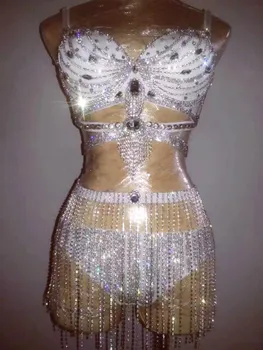 

Bling Rhinestone Bikini Outfit Crystals Tassel Bra Short Sexy Party Sequins Bodysuit Bra Costumes Stage Show Nightclub Dress