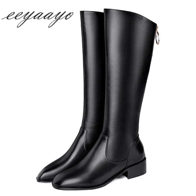 

2019 New Genuine Leather Winter Women Knee-High Boots Middle Heel Square Toe Solid Zipper Casual Women Shoes Black Riding Boots