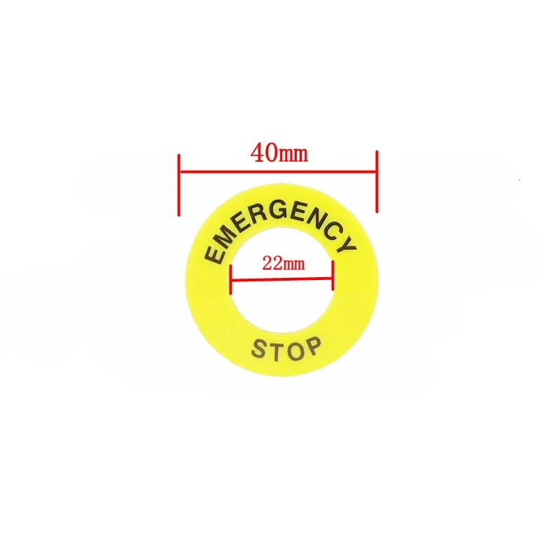 노란색 비상 정지 푸시 버튼 스위치 액세서리 경고 범례 라벨 마크 원형 링 플레이트 90mm 60mm 40mm