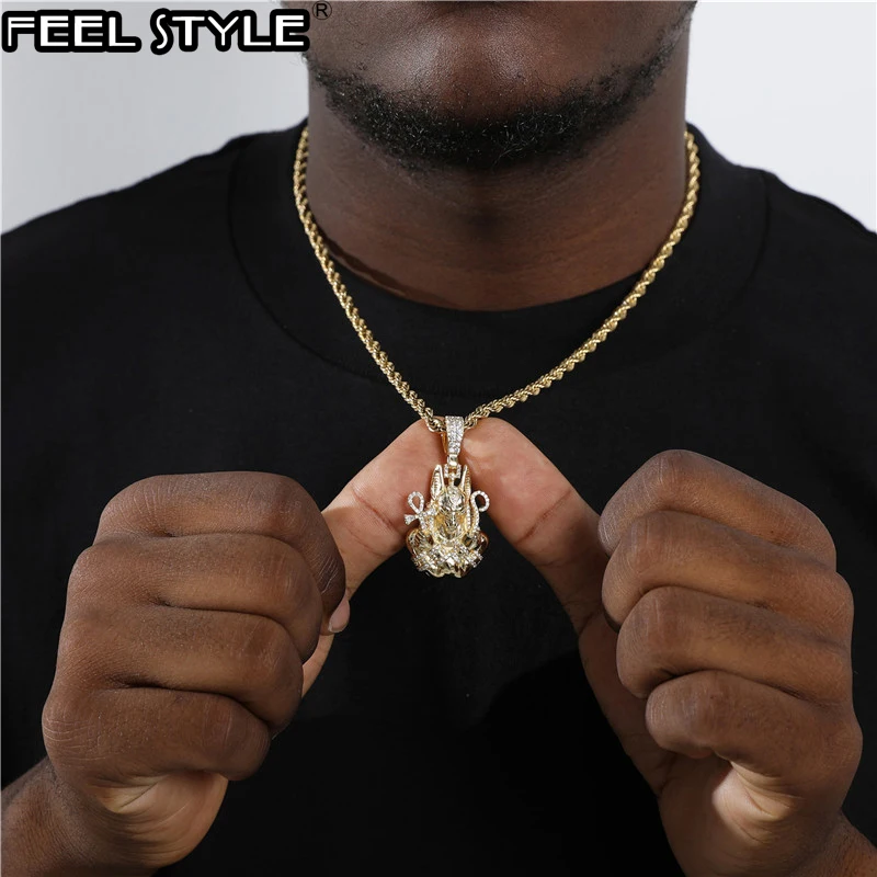 Хип-хоп AAA Iced Out Bling Cubic Zircon медь Египет Ankh Cross Anubis подвески и ожерелья для мужчин