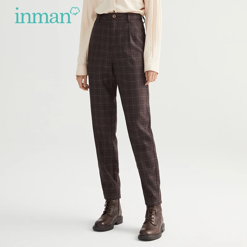 INMAN Women's Casual Pants Spring Autumn Vintage Plaid Brown All-match Tapered Trousers