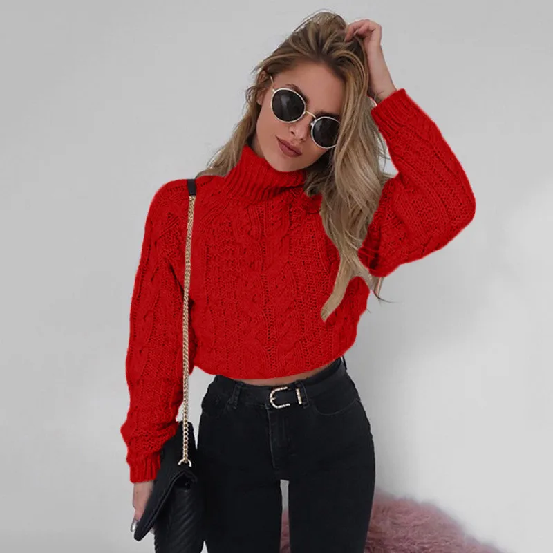 Women Warm Winter And Autumn High Neck Womens Turtleneck Umbilical Twist Casual Knitted Sweater