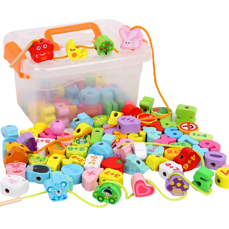 

Kids Wooden Toys Monterssori Cartoon Animals Fruit Model Blocks Stringing Threading Beads Game Educational Toys For Children