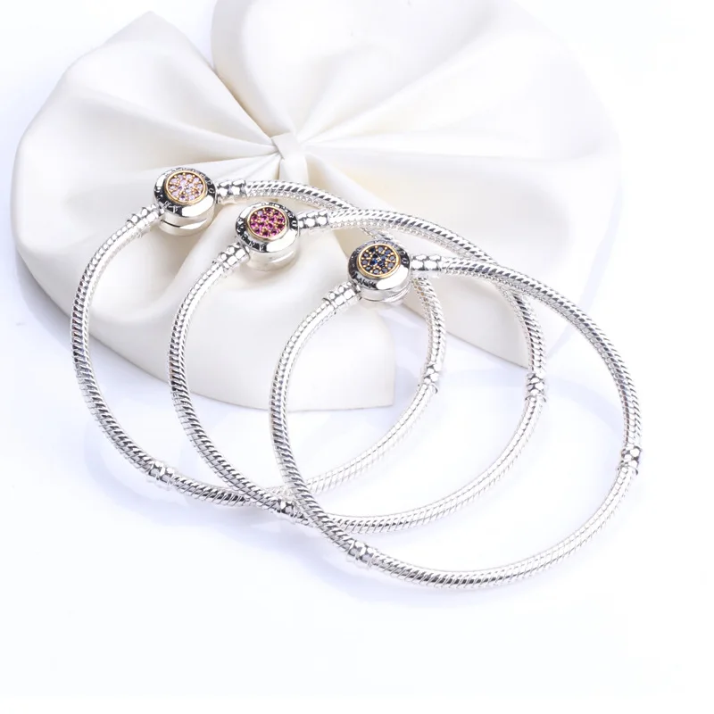 

New Classic S925 Sterling Silver crystal Bangles Fit Original Pandoras DIY Charm chain Snake Bracelet DIY Jewelry For Women gift