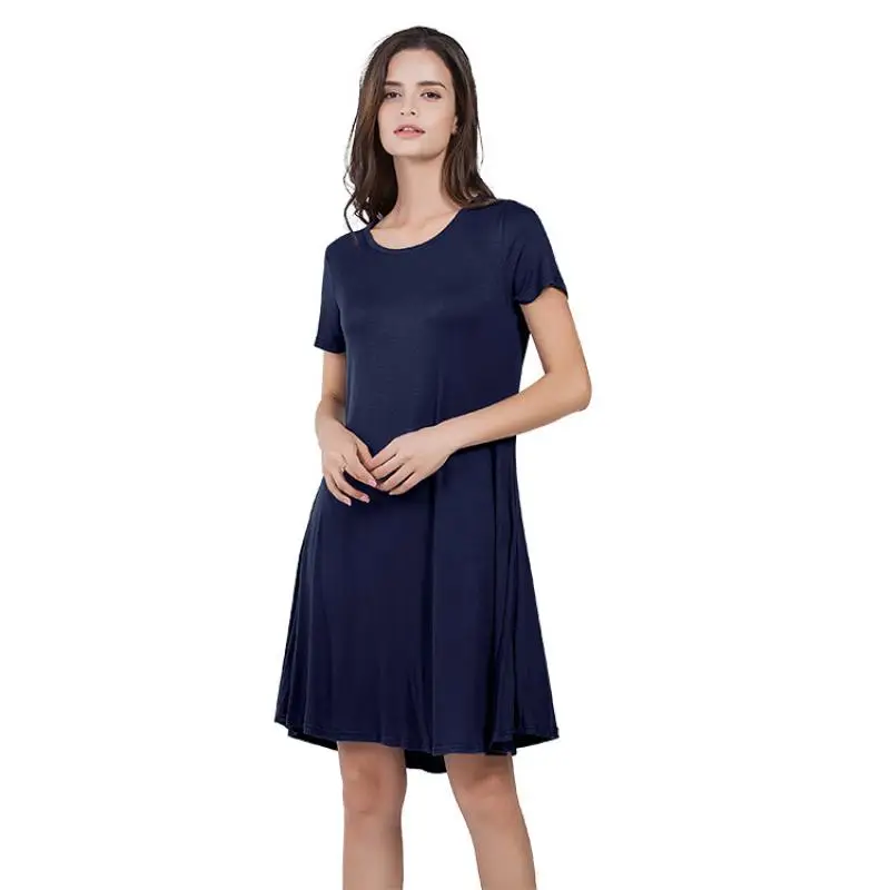 

New Summer Women's Short Sleeve Large Size S-2XL Solid Color Dress Round Neck Short Sleeve Loose Slim Commuter Casual