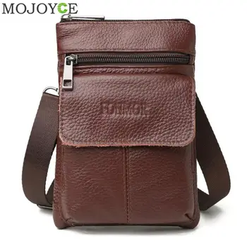 

Retro Genuine Leather Messenger Shoulder Bag Zipper Mobile Phone Pouch Solid ColorCasual Small Male Crossbody Bags