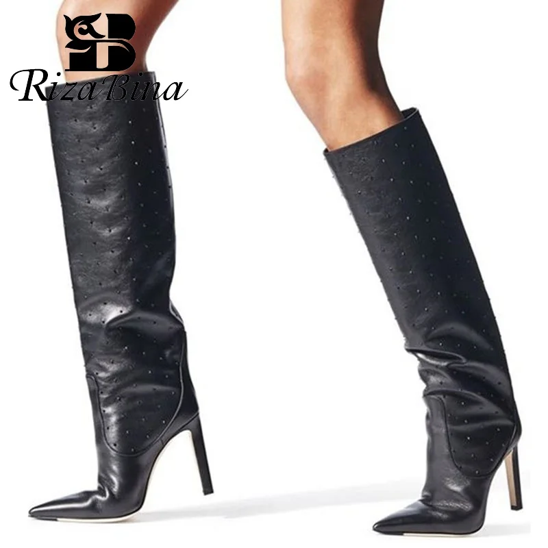 

RIZABINA Sexy Pointed Toe Knee High Boots Real Leather Winter Warm Slip On Thin High Heels Shoes Club Women Boots Size 33-43