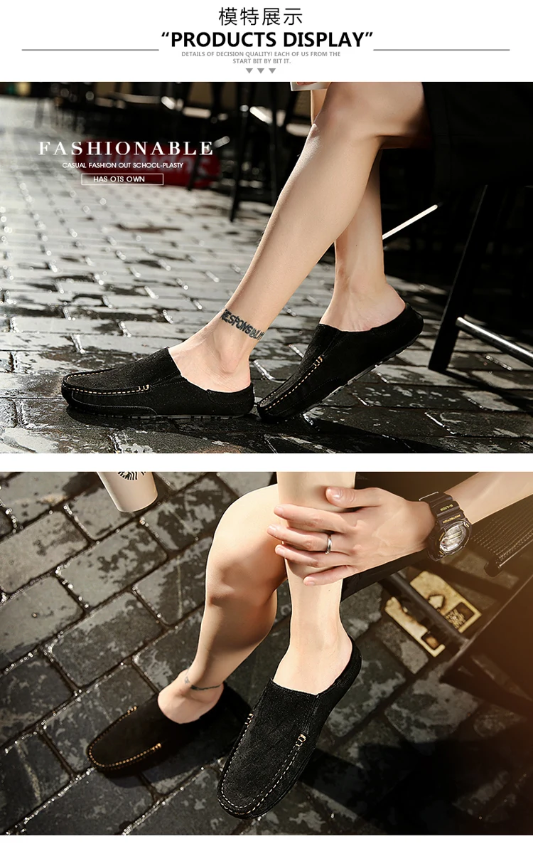 Man Summer Fashion Pig Skin Casual Half Shoe Male Breathable Soft Backless Half Loafers Hombre Open Back Leather Comfy Mocassins