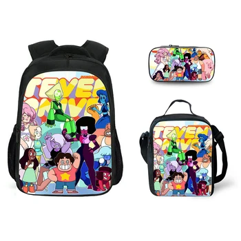 

3PCs Set Students School Bag Steven Universe Pattern Children's Backpack Set 3D Cartoon Anime Design Large Capacity Book Bags