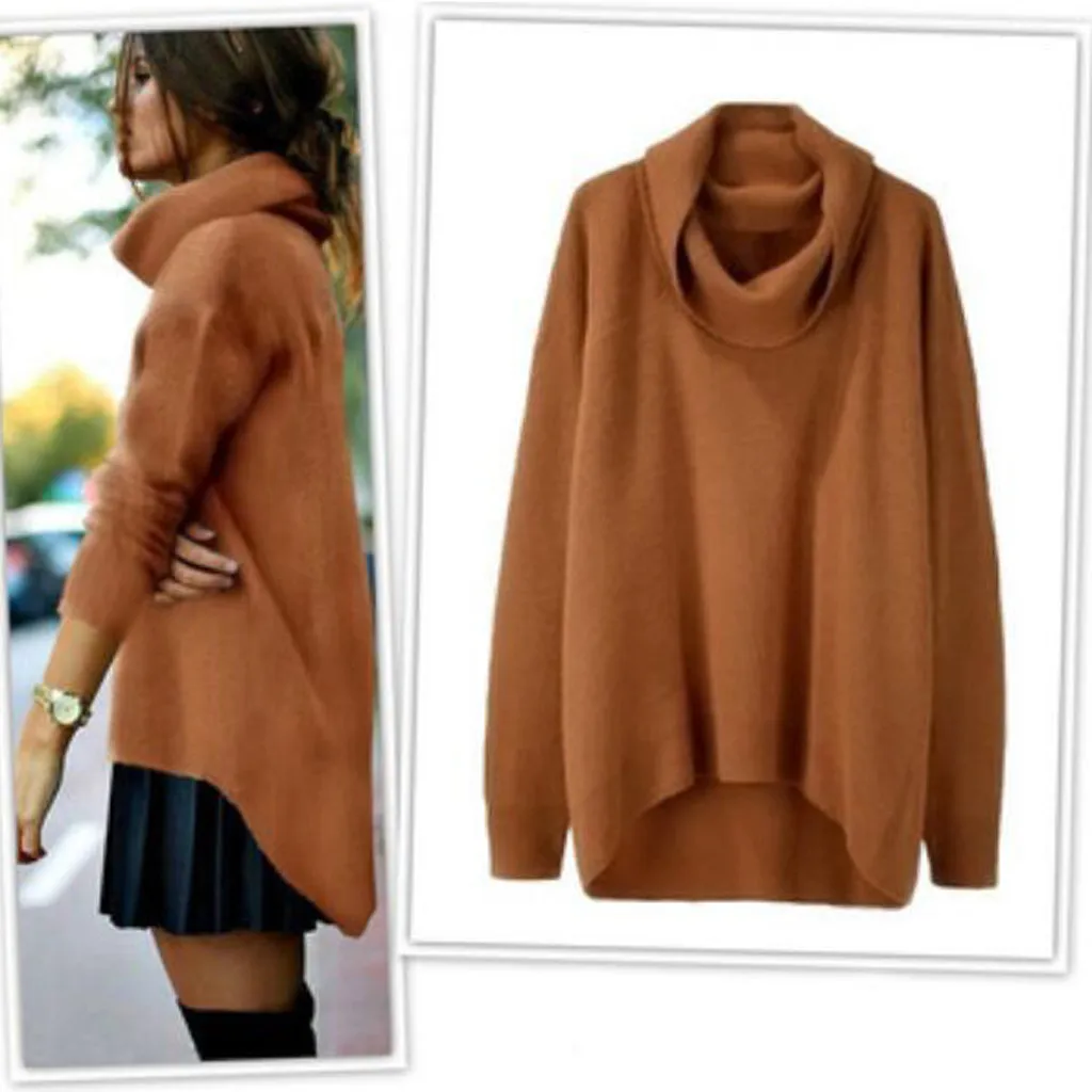

Fashion Women Solid High Collar Irregular Hem Long Sleeve Pullover Loose Sweater Women White Knitted Sweaters Pullover Jumper