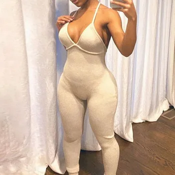

618 V-neck Skinny Sexy Jumpsuit Women 2020 Summer Hollow Out Halter Sleeveless Streetwear Outfit Fitness Backless Yoga Set