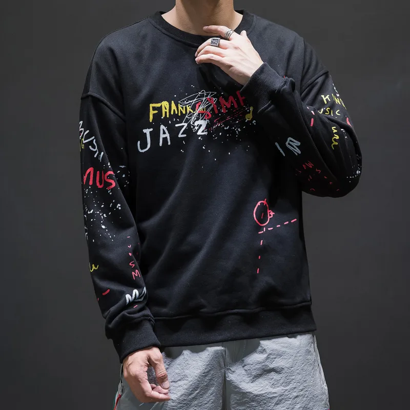 

2019 Autumn And Winter Men's New Casual Contrast Color Letter Printing Round Neck Hoodies Loose Temperament Cotton Polyester