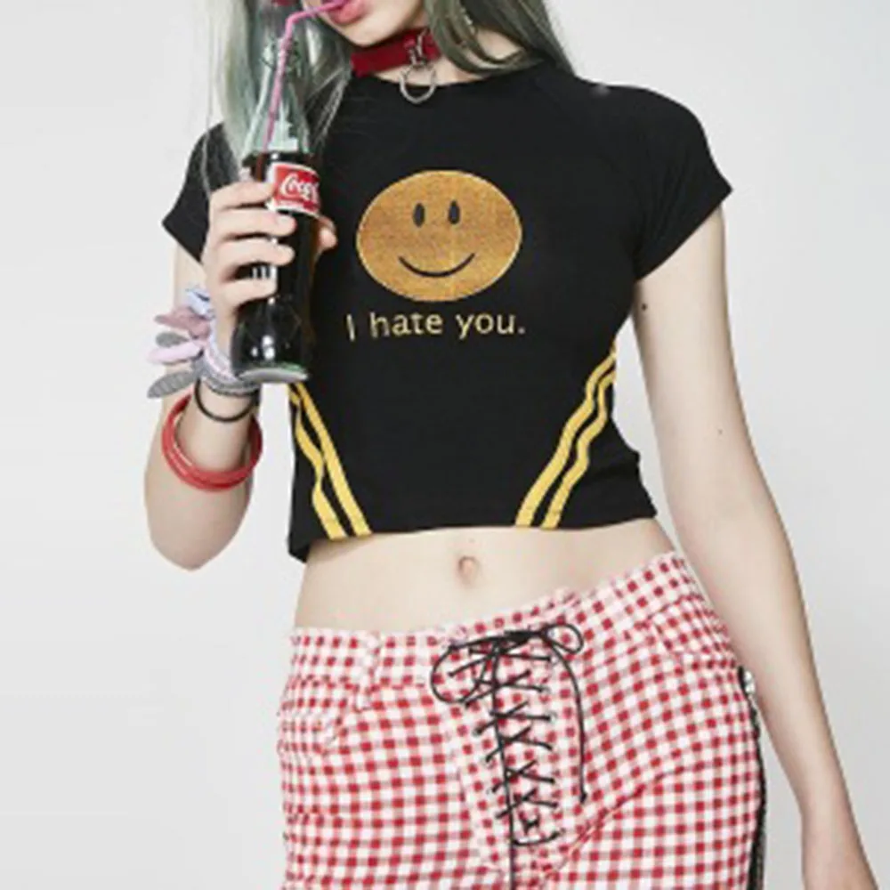 

Women Summer Short Sleeve T Shirt Sexy Smile Female Girl Shirt Summer Smiley Face Pattern Letters Embroidery Short Navel Tops