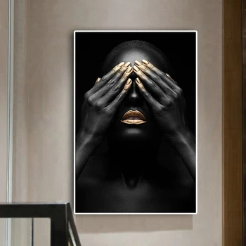 

Black Hand and Gold Lip African Black Nude Woman Oil Painting on Canvas Cuadros Posters Prints Wall Art Picture for Living Room