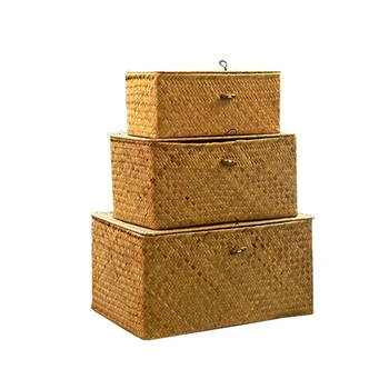 

New Handmade Straw Woven Storage Basket with Lid Makeup Organizer Storage Box Seagrass Laundry Baskets Rattan Jewelry Box