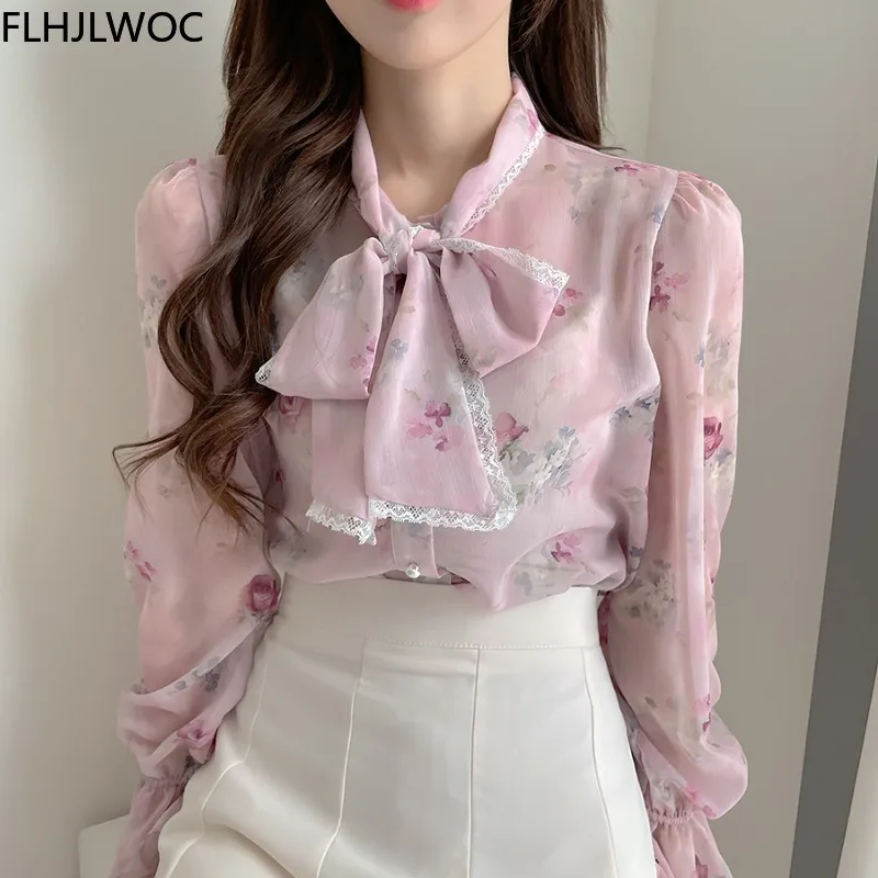 Cute Pink Retro Vintage Ruffles Bow Tie Ribbon Tops Flhjlwoc Basic Elegant Work Formal Single Breasted Button Solid White Shirts | Женская