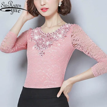 

Spring and Autumn 2019 New Arrival Fashion Korean Long Sleeve Women Lace Blouse Female Slim Elegant Diamond Blouse 18E 30