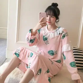 

Coral Fleece Sleep Lounge Cute Sleepwear Flannel Princess Style Nightgowns Winter Women Thicken Lace Girls Warm Night Dress