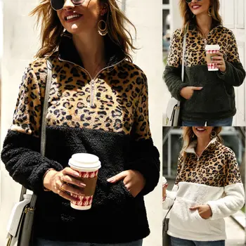 

2019 Fashion New Women's Faux Fur Multi-Color Teddy Bear Fleece Leopard Patchwork Coat Ladies Jacket Sweater Hooded Overcoat
